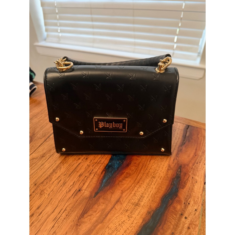 Playboy Black Embossed Bunny Logo Crossbody Handbag Gold Hardware Y2K Style